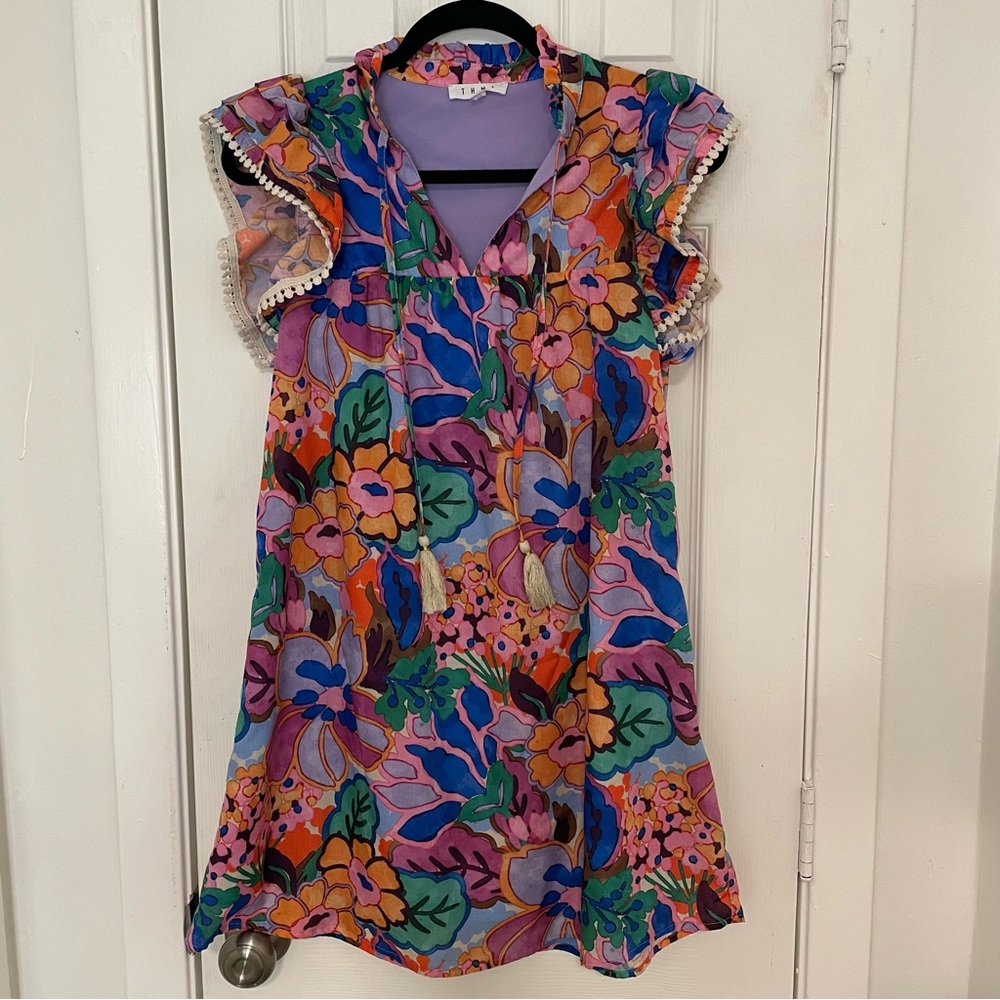 THML Multicolor Floral A-Line Dress - Purple, Pink, Blue, Orange, Green